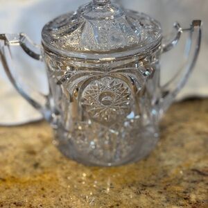 Unique, heavy glass container- unusual with 2 handles and lid